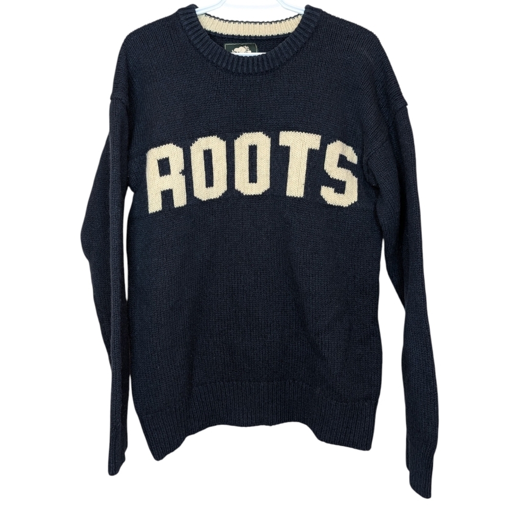 Roots Navy Knit Logo Sweater Wool Blend Crewneck Large